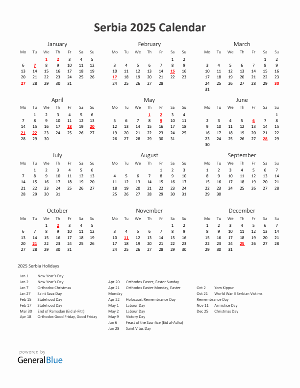 2025 Yearly Calendar Printable With Serbia Holidays