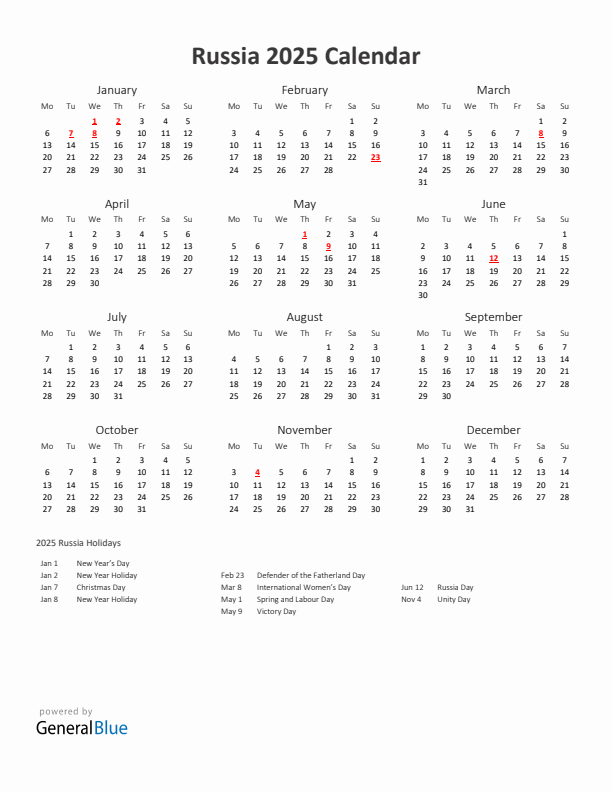 2025 Yearly Calendar Printable With Russia Holidays