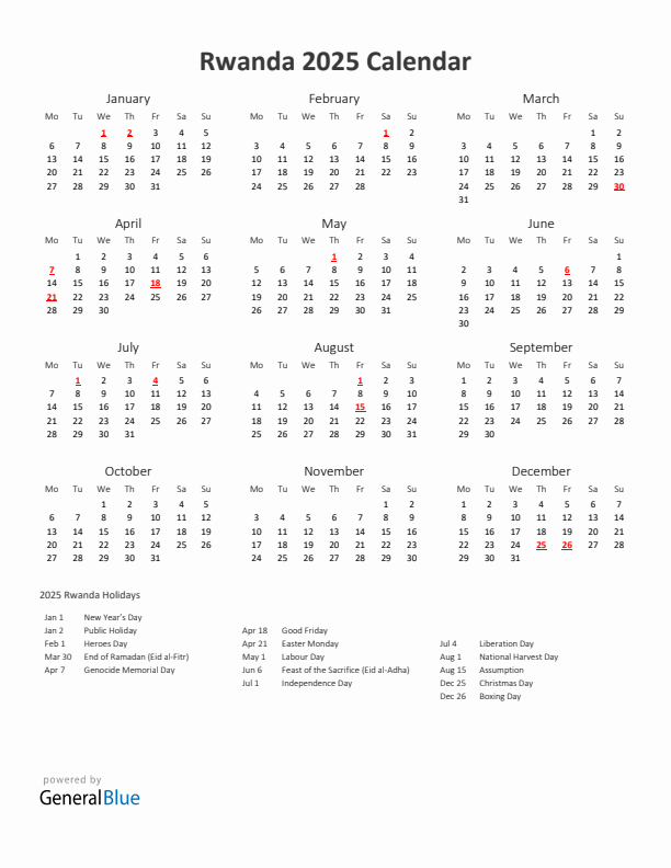 2025 Yearly Calendar Printable With Rwanda Holidays
