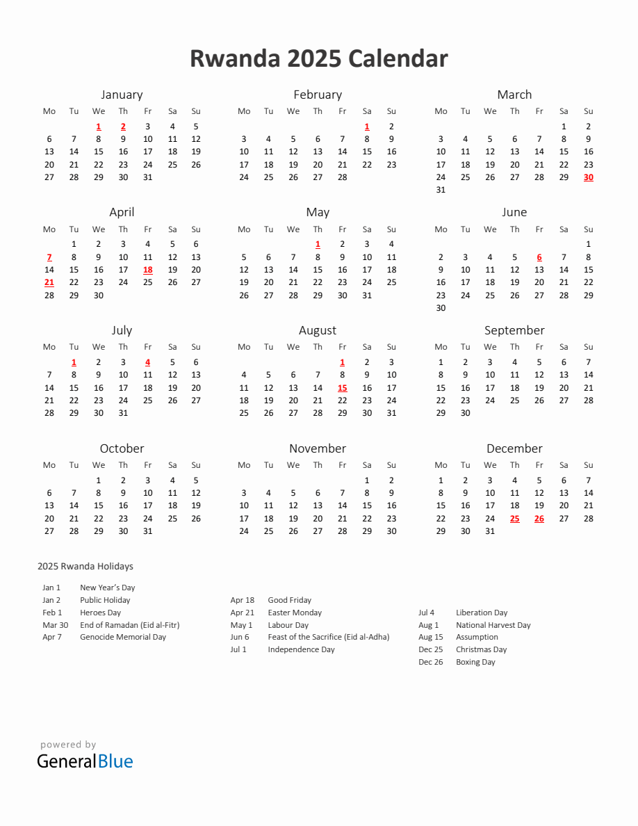 2025 Yearly Calendar Printable With Rwanda Holidays