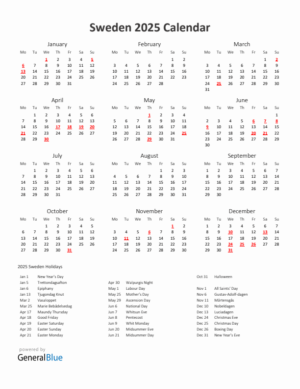 2025 Yearly Calendar Printable With Sweden Holidays