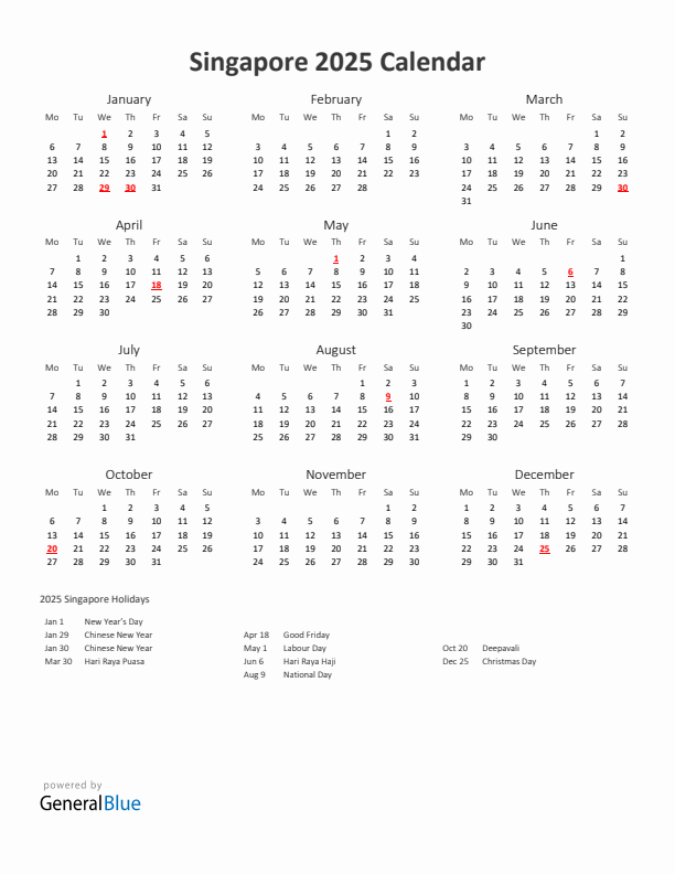 2025 Yearly Calendar Printable With Singapore Holidays