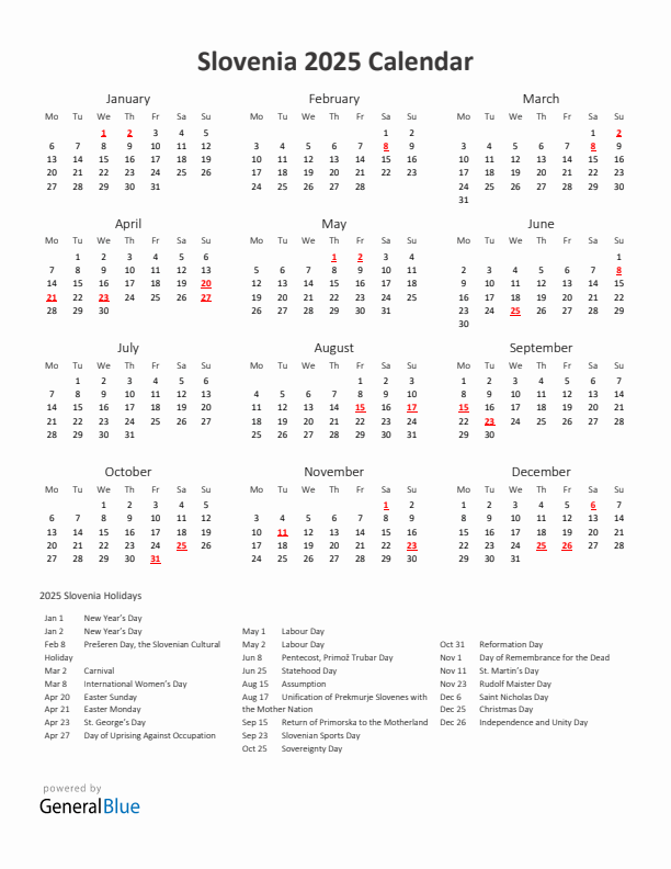 2025 Yearly Calendar Printable With Slovenia Holidays