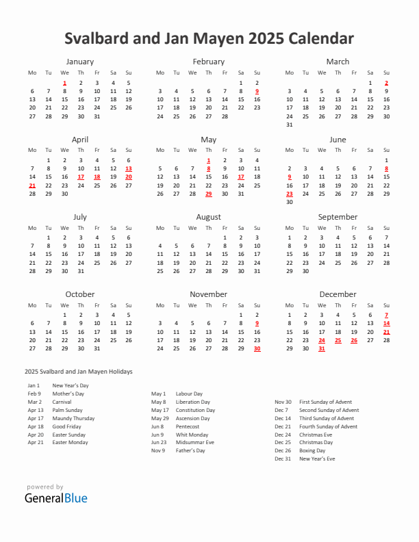 2025 Yearly Calendar Printable With Svalbard and Jan Mayen Holidays