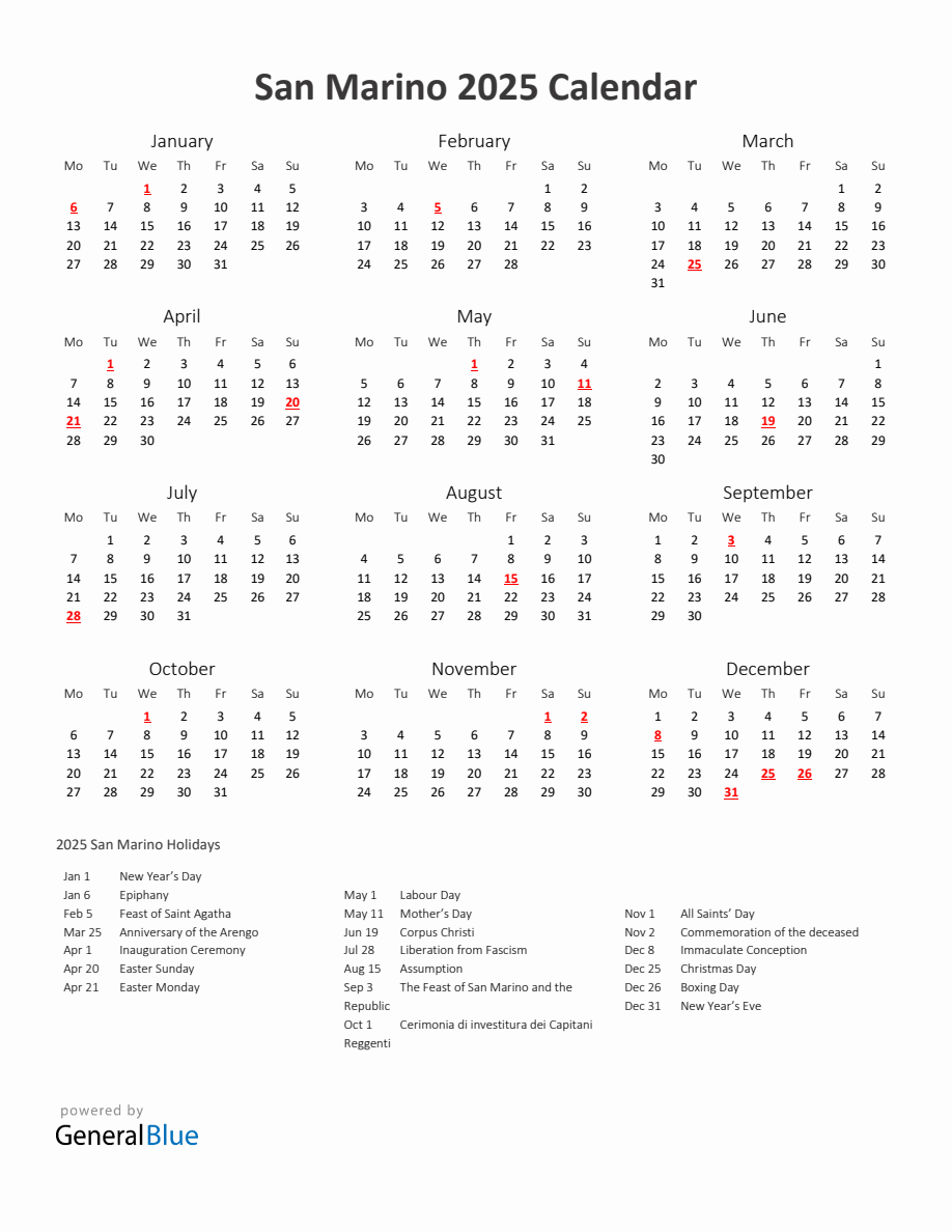 2025 Yearly Calendar Printable With San Marino Holidays