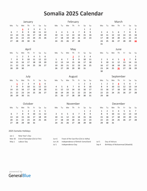 2025 Yearly Calendar Printable With Somalia Holidays