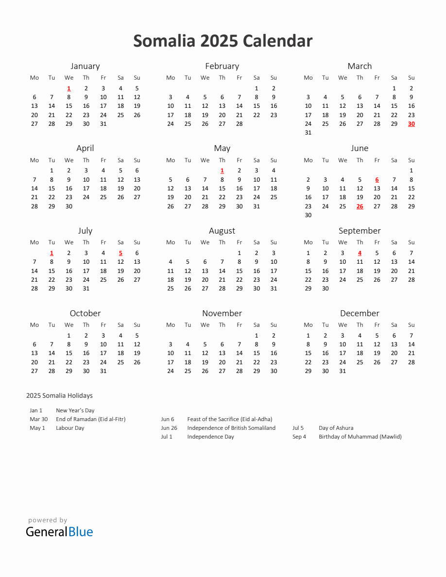 2025 Yearly Calendar Printable With Somalia Holidays