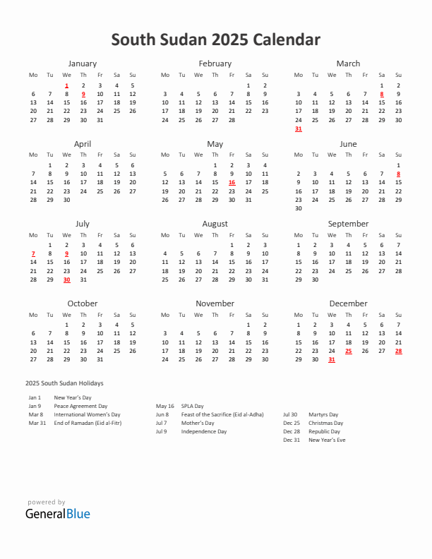 2025 Yearly Calendar Printable With South Sudan Holidays