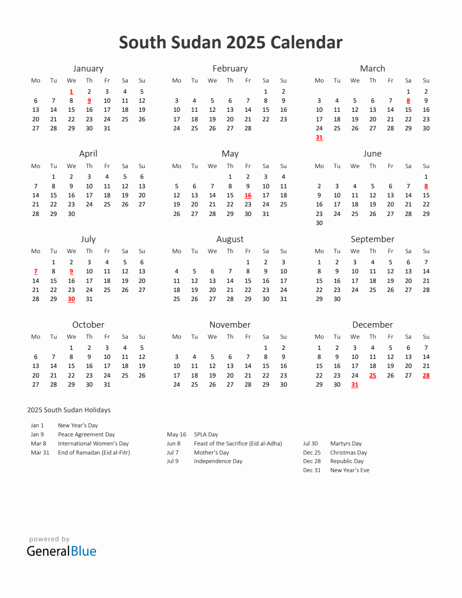 2025 Yearly Calendar Printable With South Sudan Holidays