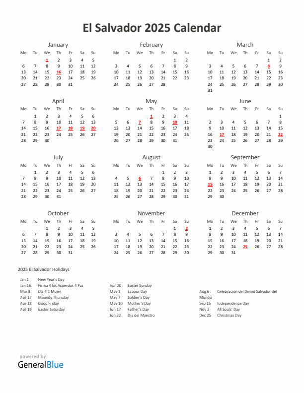 2025 Yearly Calendar Printable With El Salvador Holidays