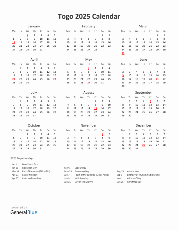 2025 Yearly Calendar Printable With Togo Holidays
