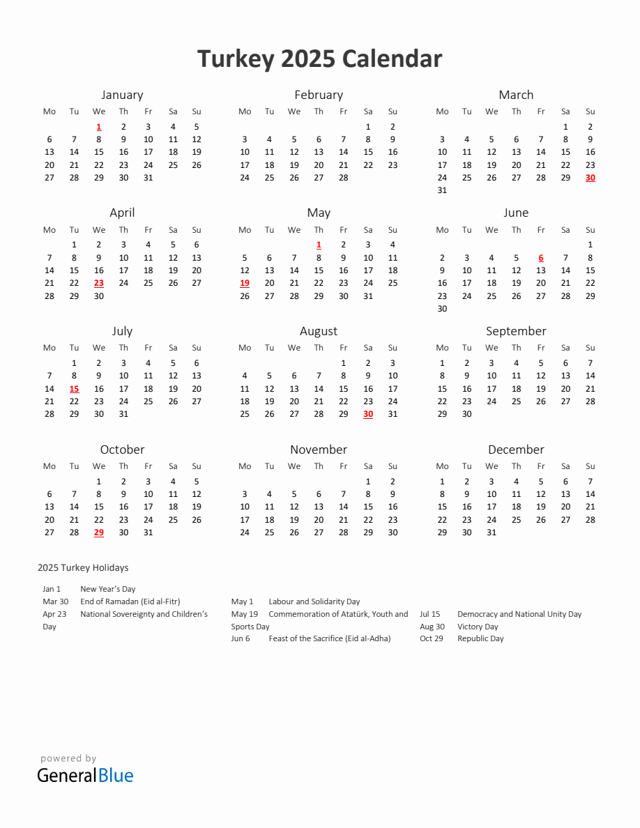 2025 Yearly Calendar Printable With Turkey Holidays