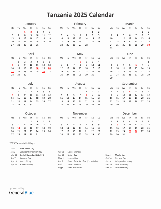 2025 Yearly Calendar Printable With Tanzania Holidays