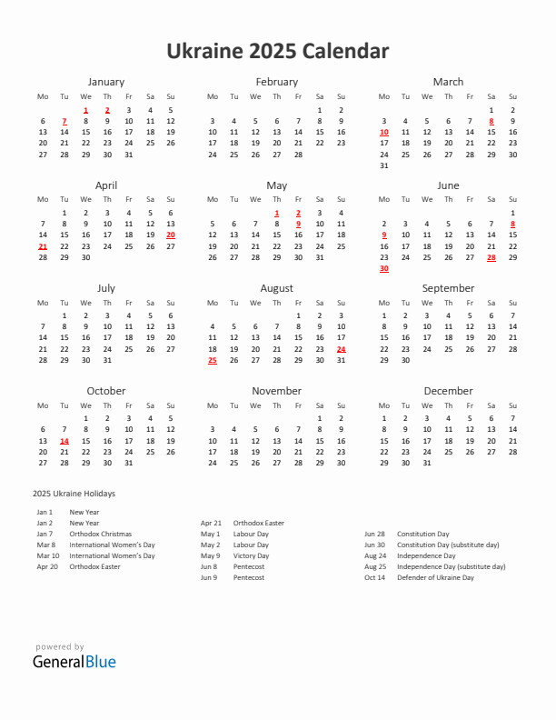 2025 Yearly Calendar Printable With Ukraine Holidays