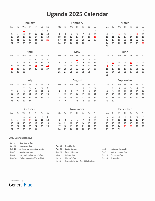 2025 Yearly Calendar Printable With Uganda Holidays