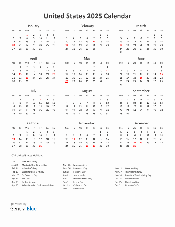 2025 Yearly Calendar Printable With United States Holidays