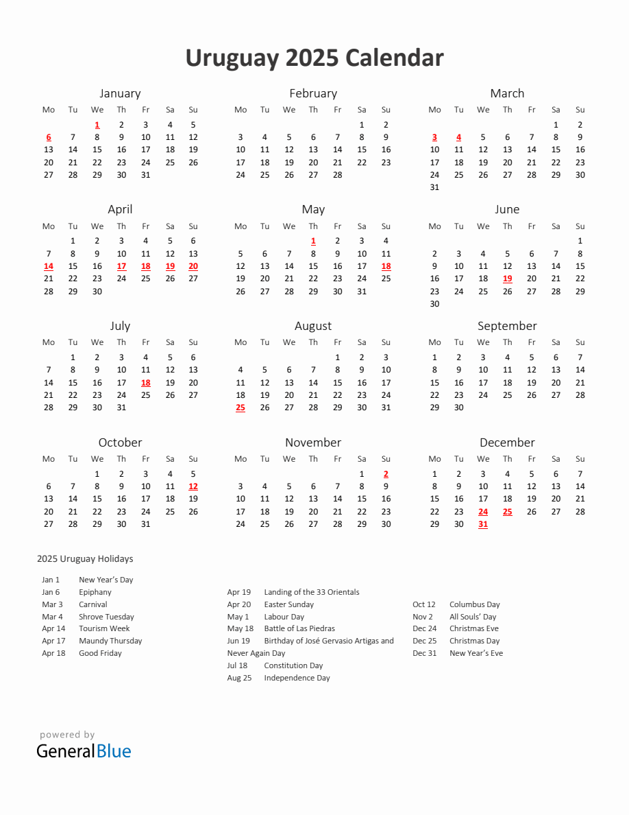 2025 Yearly Calendar Printable With Uruguay Holidays