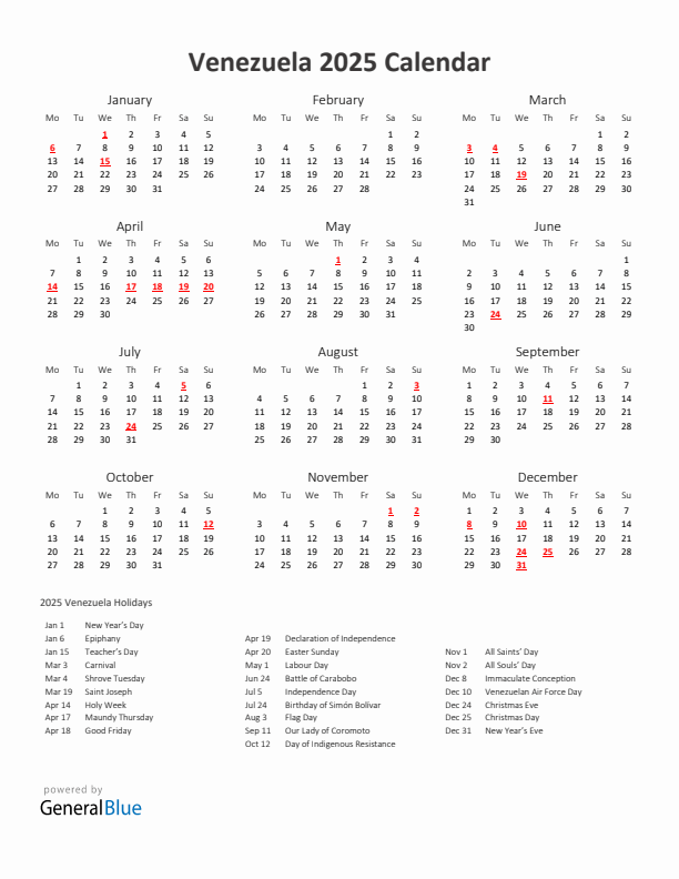 2025 Yearly Calendar Printable With Venezuela Holidays