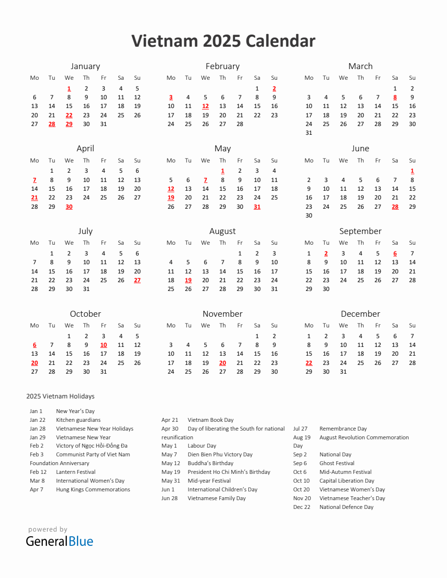 2025 Yearly Calendar Printable With Vietnam Holidays