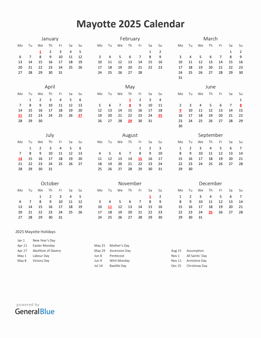 2025 Yearly Calendar Printable With Mayotte Holidays