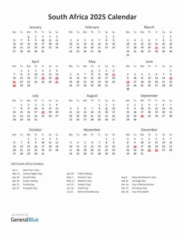 2025 Yearly Calendar Printable With South Africa Holidays