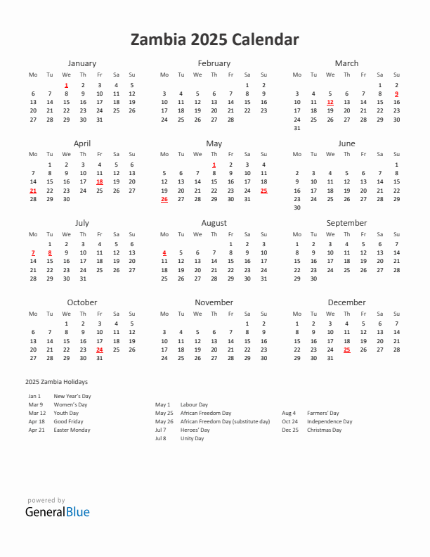 2025 Yearly Calendar Printable With Zambia Holidays