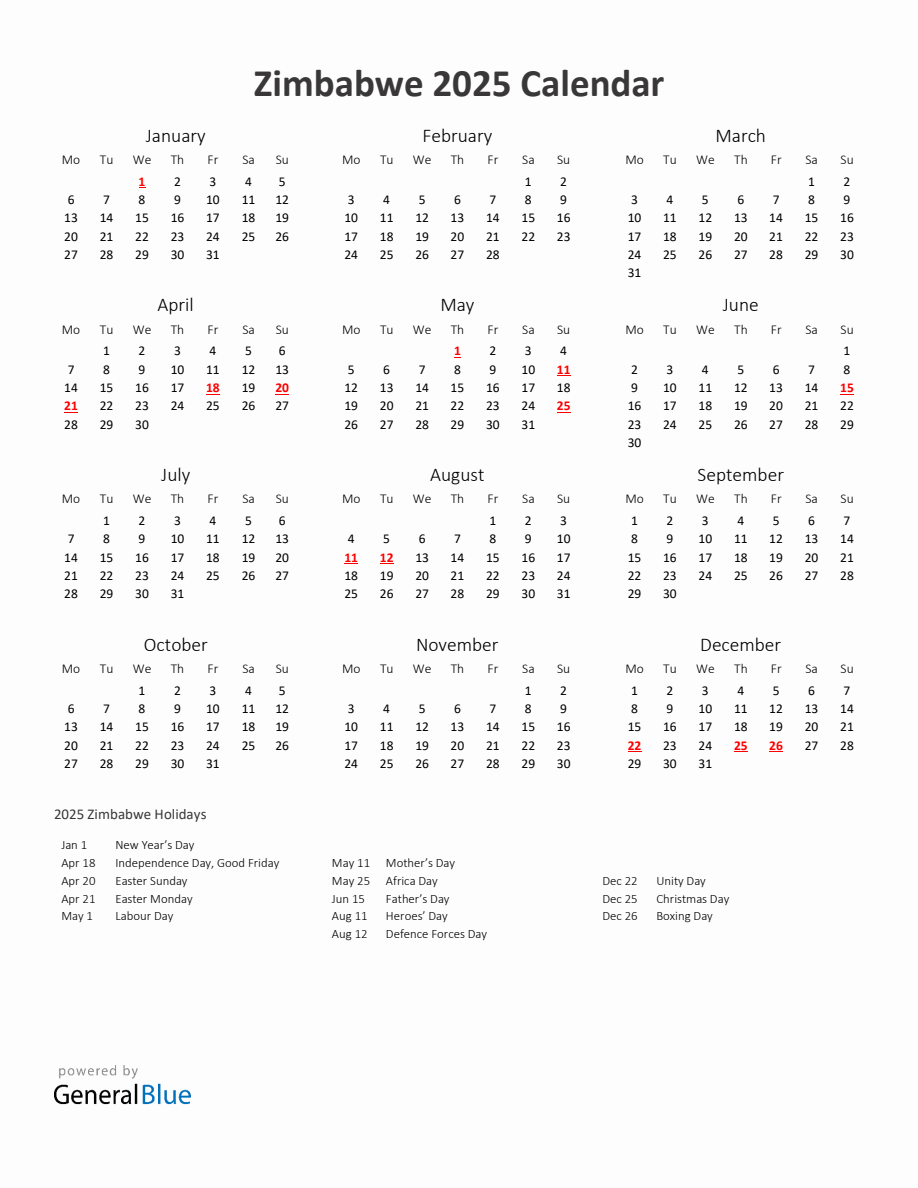 2025 Yearly Calendar Printable With Zimbabwe Holidays