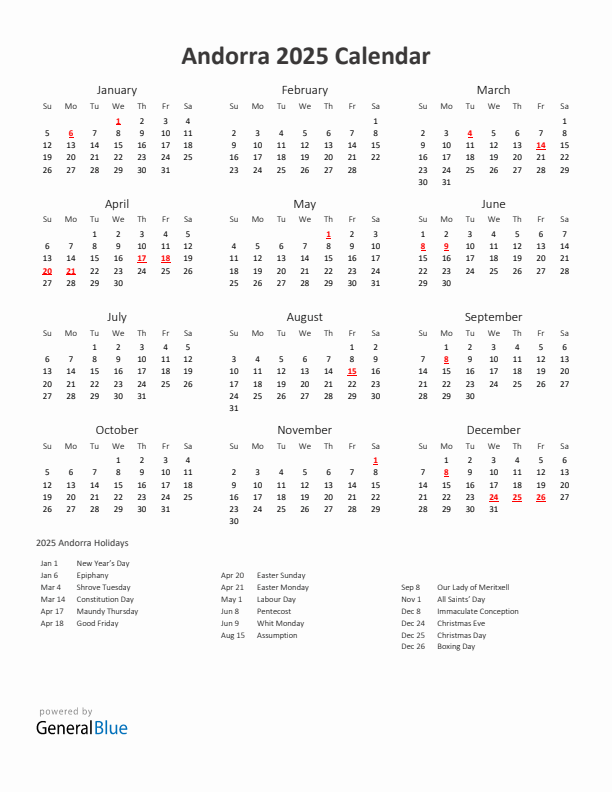 2025 Yearly Calendar Printable With Andorra Holidays