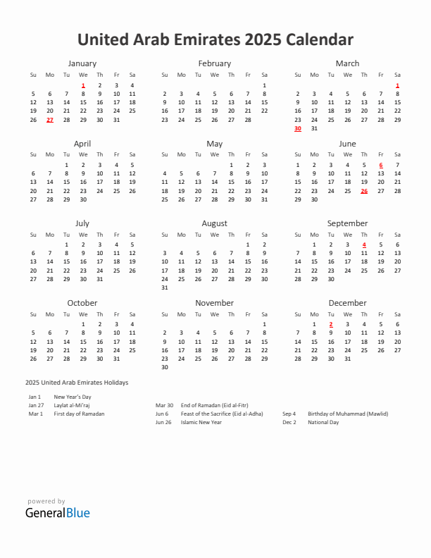 2025 Yearly Calendar Printable With United Arab Emirates Holidays
