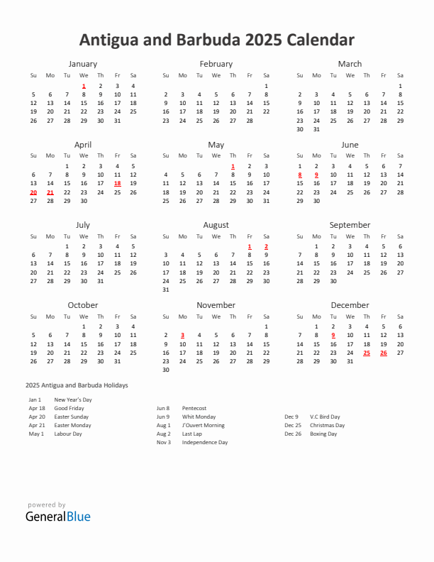 2025 Yearly Calendar Printable With Antigua and Barbuda Holidays