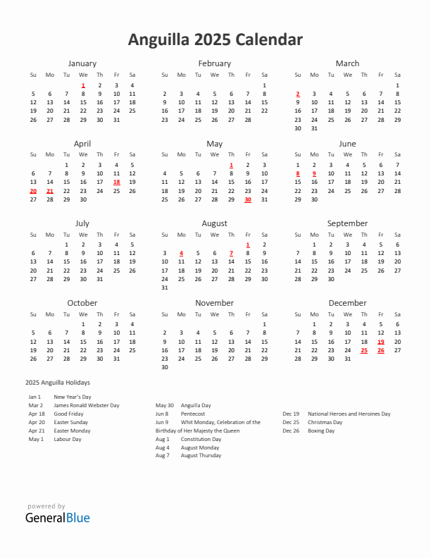 2025 Yearly Calendar Printable With Anguilla Holidays