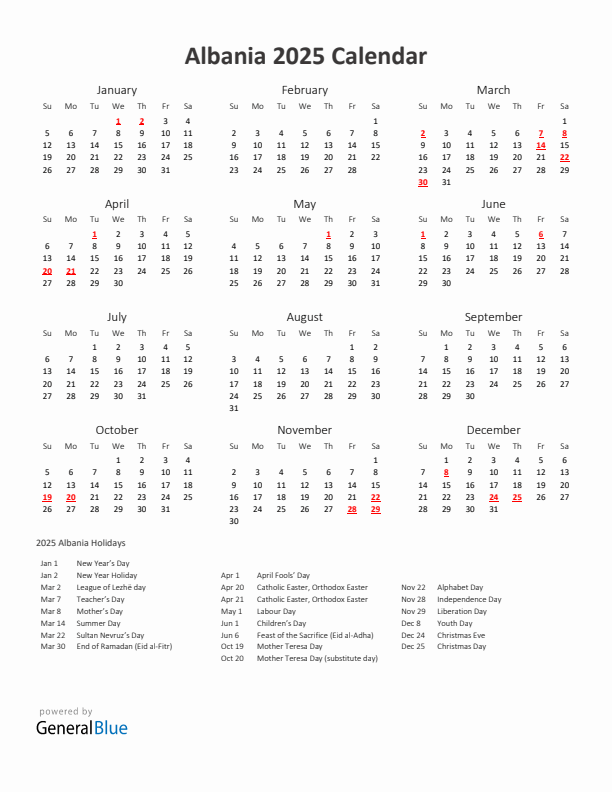 2025 Yearly Calendar Printable With Albania Holidays