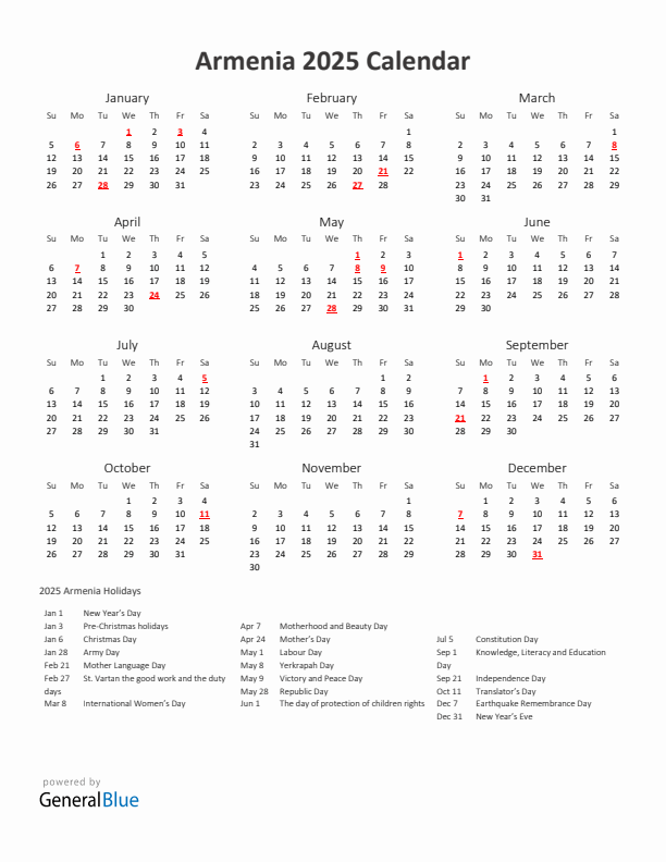 2025 Yearly Calendar Printable With Armenia Holidays