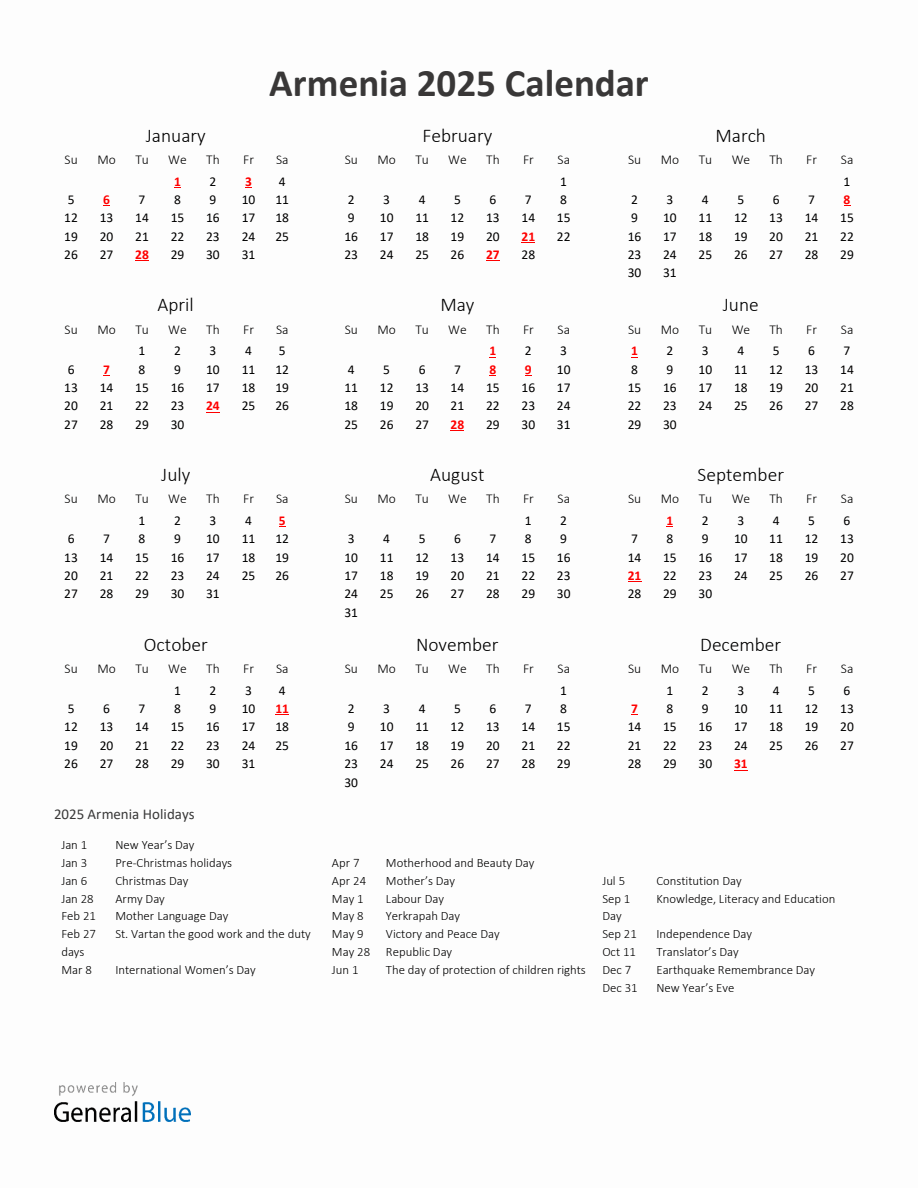 2025 Yearly Calendar Printable With Armenia Holidays