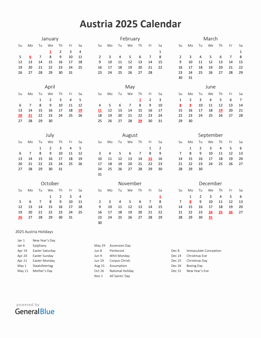 2025 Yearly Calendar Printable With Austria Holidays