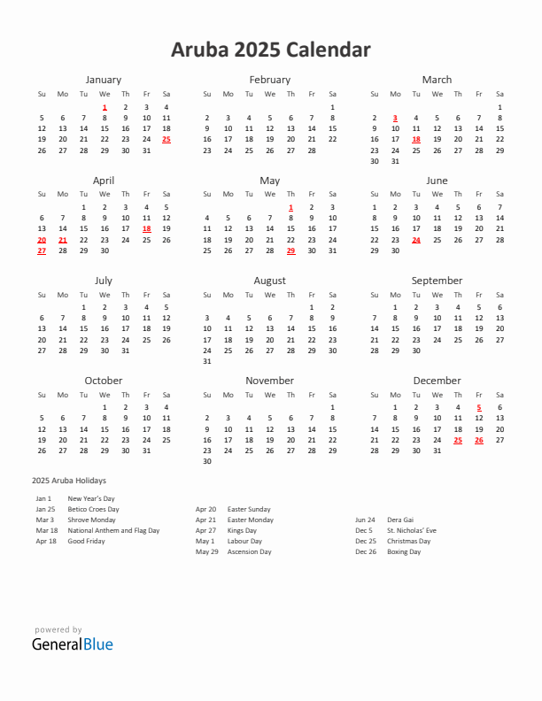 2025 Yearly Calendar Printable With Aruba Holidays