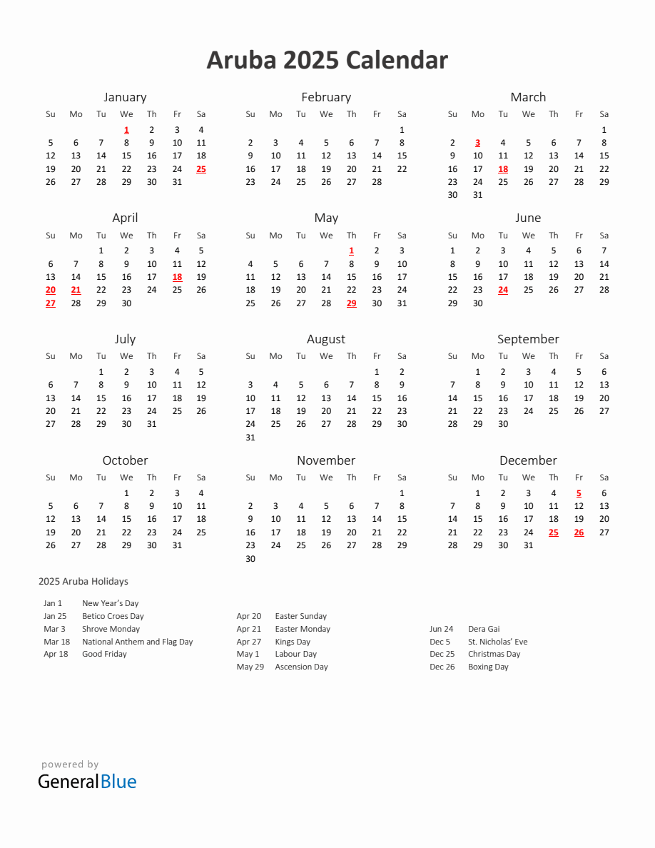 2025 Yearly Calendar Printable With Aruba Holidays