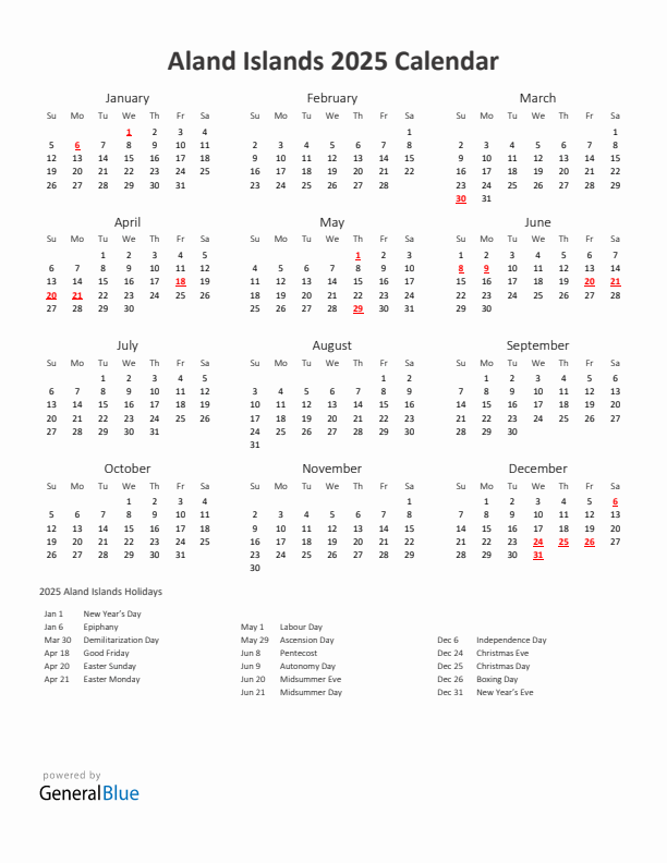 2025 Yearly Calendar Printable With Aland Islands Holidays