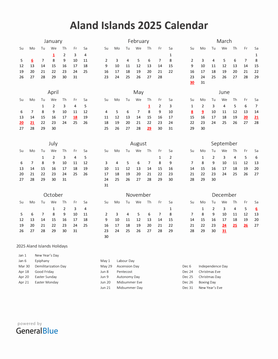 2025 Yearly Calendar Printable With Aland Islands Holidays