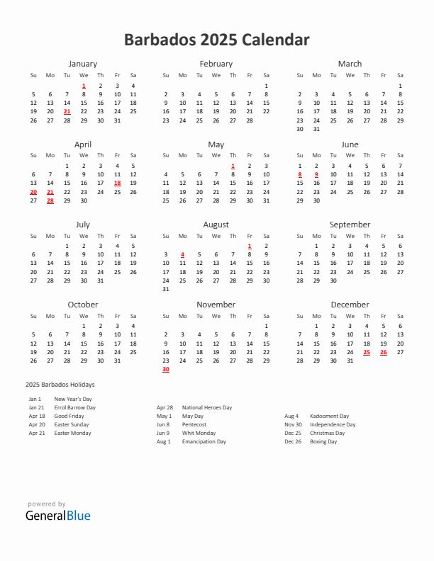 2025 Barbados Calendar with Holidays