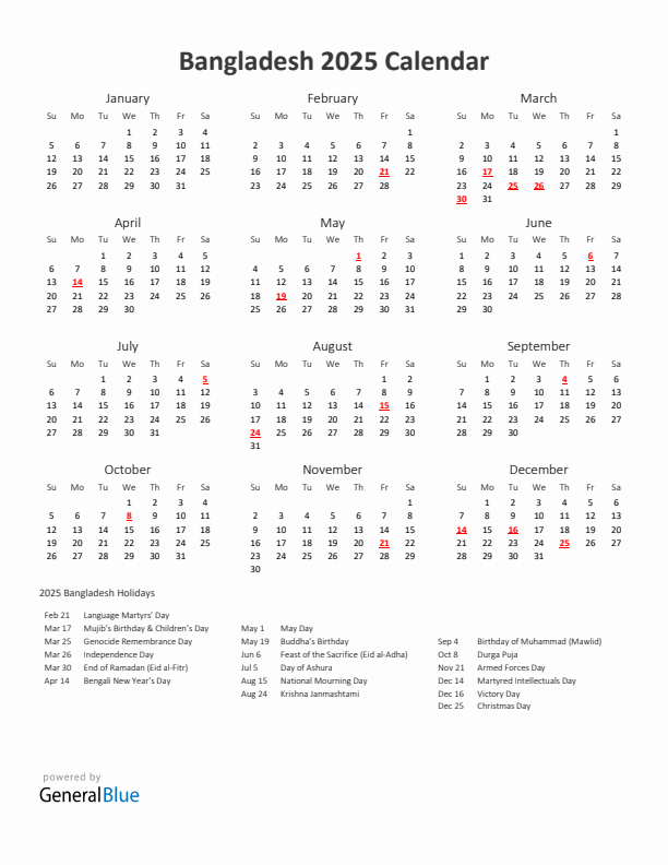 2025 Yearly Calendar Printable With Bangladesh Holidays