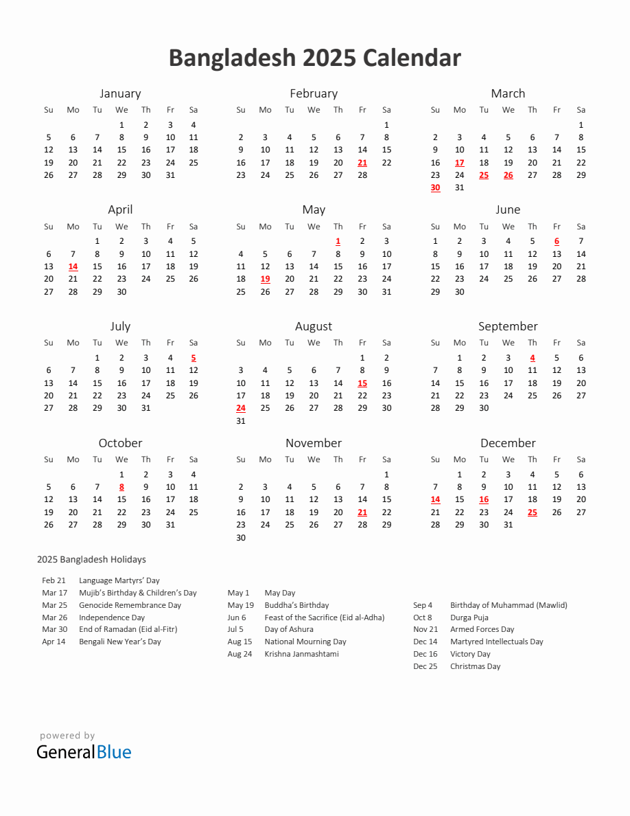 January 2025 Calendar With Holidays Bangladesh