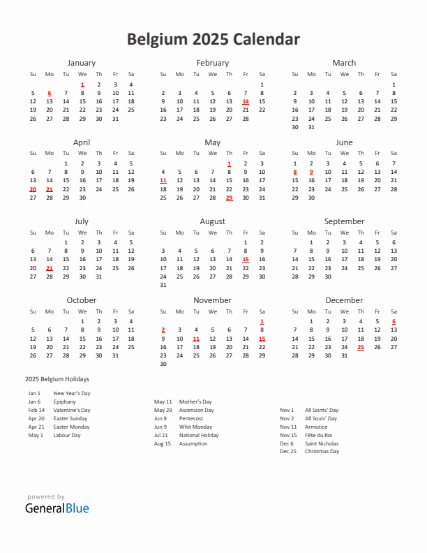 2025 Yearly Calendar Printable With Belgium Holidays