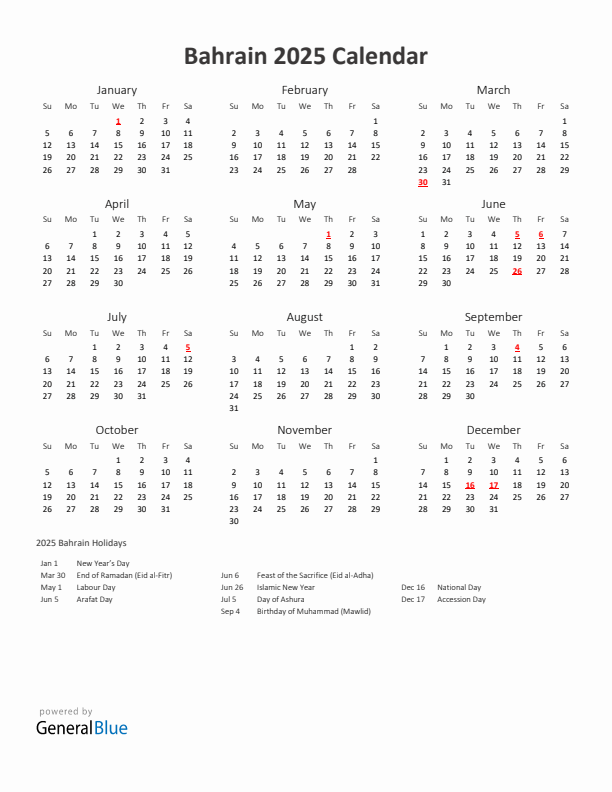 2025 Yearly Calendar Printable With Bahrain Holidays
