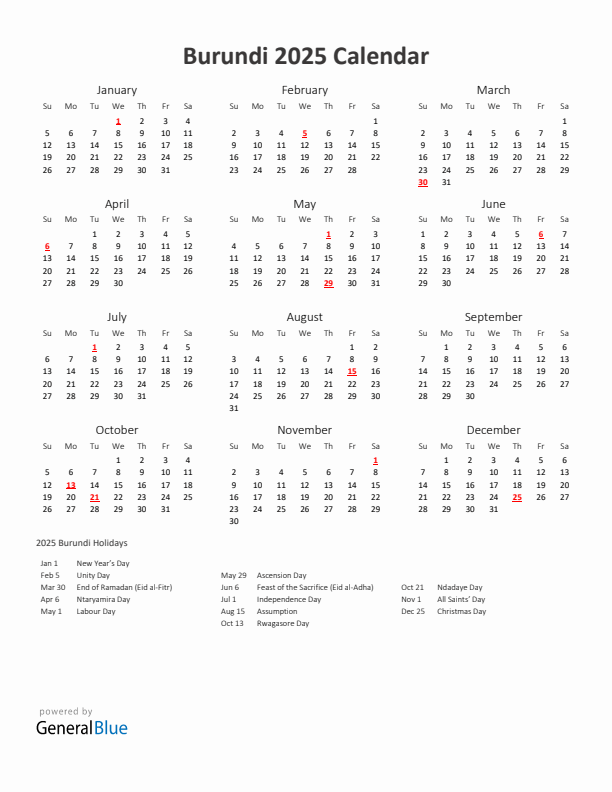 2025 Yearly Calendar Printable With Burundi Holidays