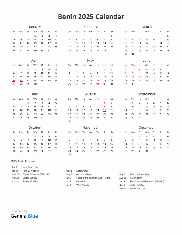 2025 Yearly Calendar Printable With Benin Holidays