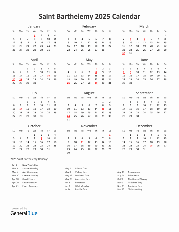 2025 Yearly Calendar Printable With Saint Barthelemy Holidays