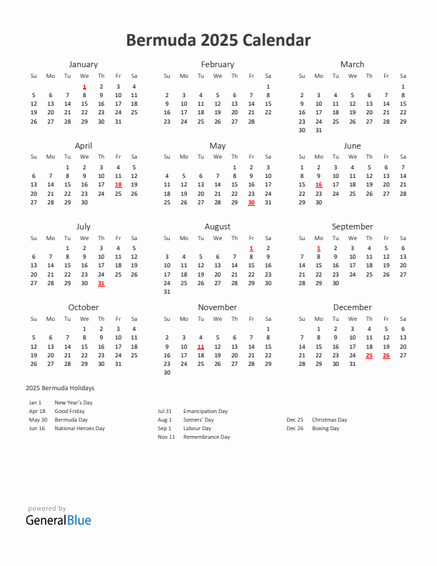2025 Yearly Calendar Printable With Bermuda Holidays