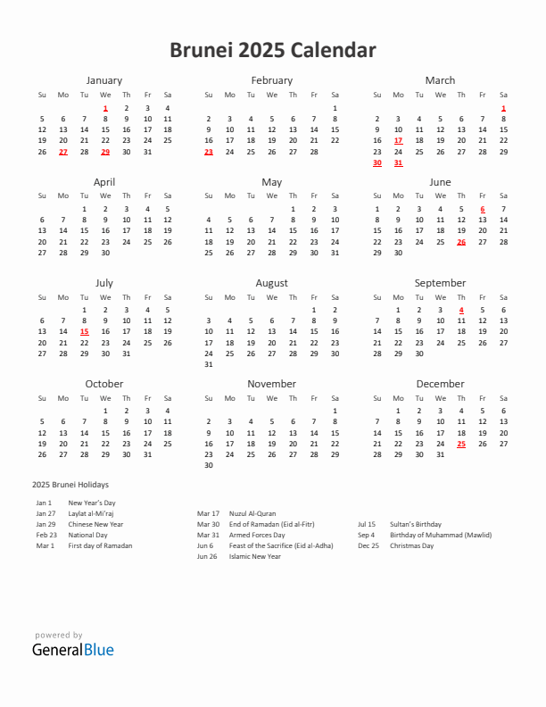 2025 Yearly Calendar Printable With Brunei Holidays