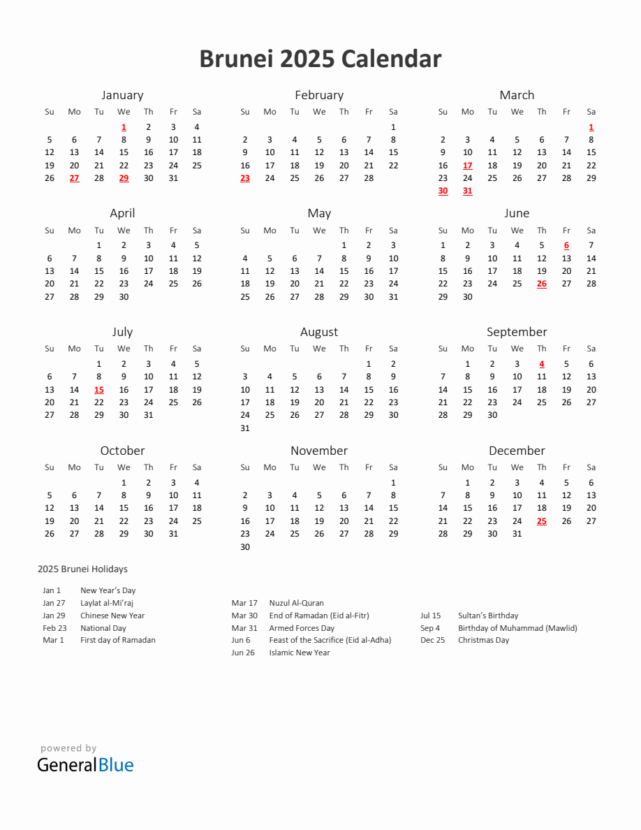 2025 Yearly Calendar Printable With Brunei Holidays